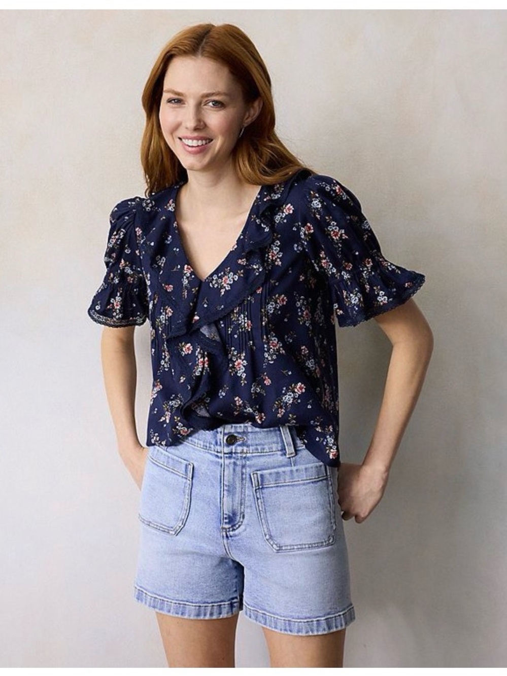 NWT LC Lauren Conrad Navy Floral Ruffle V-Neck Blouse